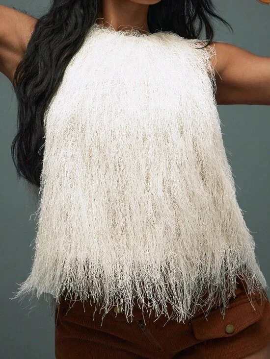 Apricot Casual Women's Sexy Boho Party Sleeveless Long Faux Fur Fringe Vest Top - Picture 5 of 5